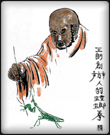 Traditional painting of Wong Long observing a praying mantis